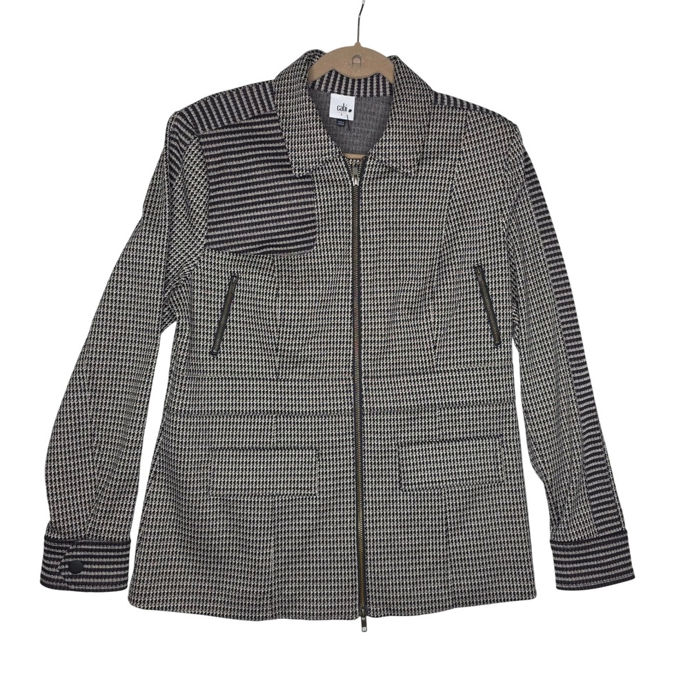 Cabi Houndstooth Zip Up Jacket Blazer Size L Contrast StripeDetail Career Office
